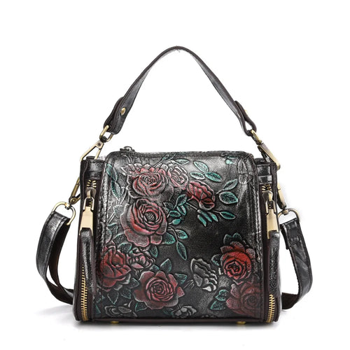 Genuine Leather Women S Single-Shoulder Bag Floral Crossbody Retro Large-Capacity High-End Hand-Held