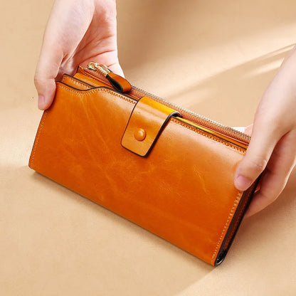 Genuine Leather Long Women S Wallet Rfid Anti-Theft Brush Multi-Slot Retro Oil Wax Hand-Held