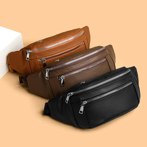 Men S Women Cowhide Breast Bag Multifunctional Single Shoulder Leather Crossbody Leisure Sports