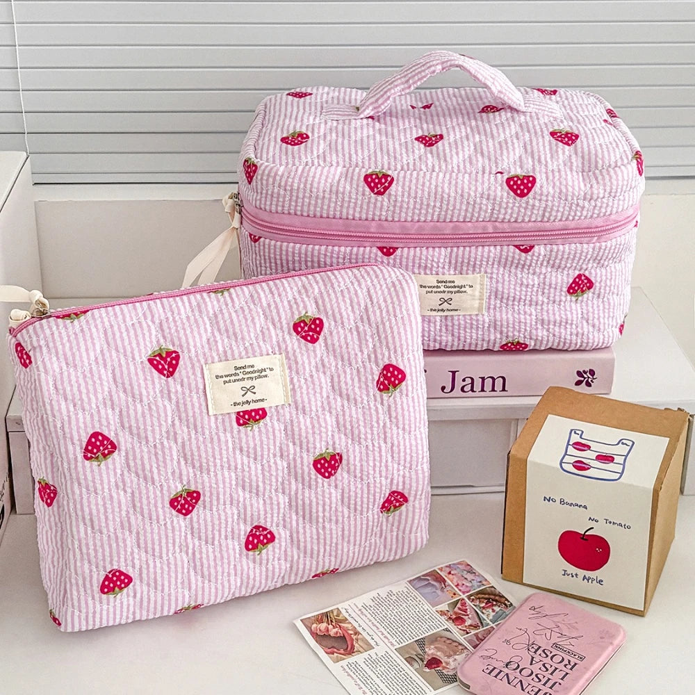 Pink Strawberry Women Cosmetic Quilted Bag Portable Travel Organizer Toiletry Makeup Storage Pouch