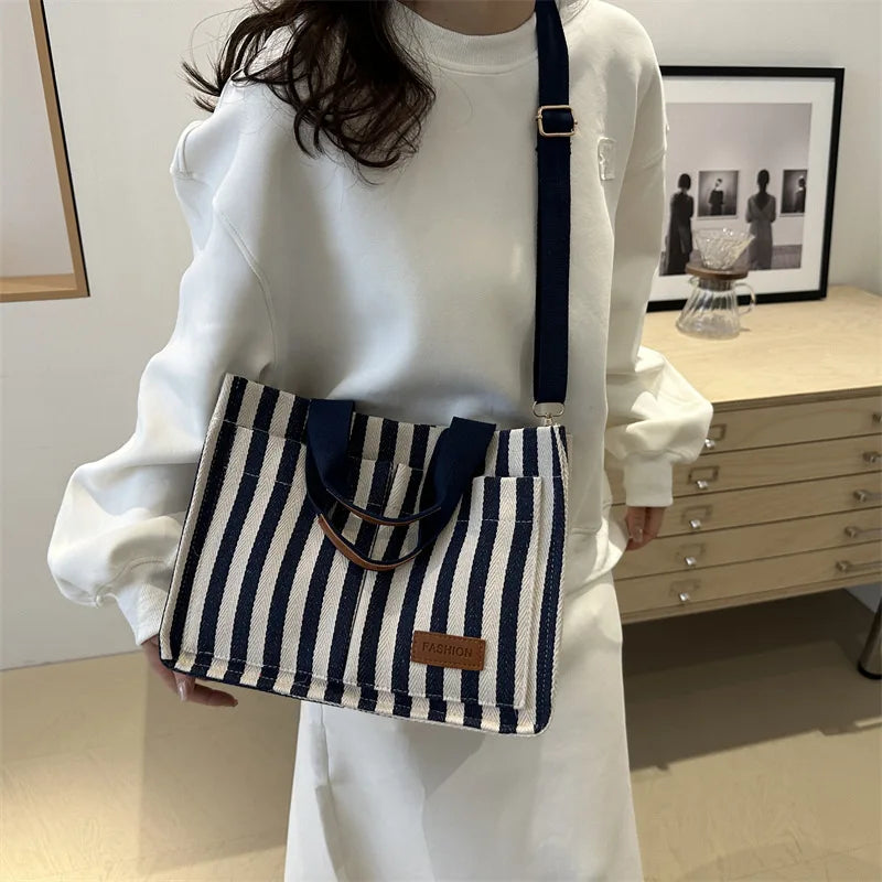 Striped Canvas Tote Bag – Lightweight Shoulder Bag for Work & Daily Use