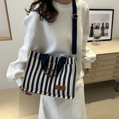 Striped Canvas Tote Bag – Lightweight Shoulder Bag for Work & Daily Use