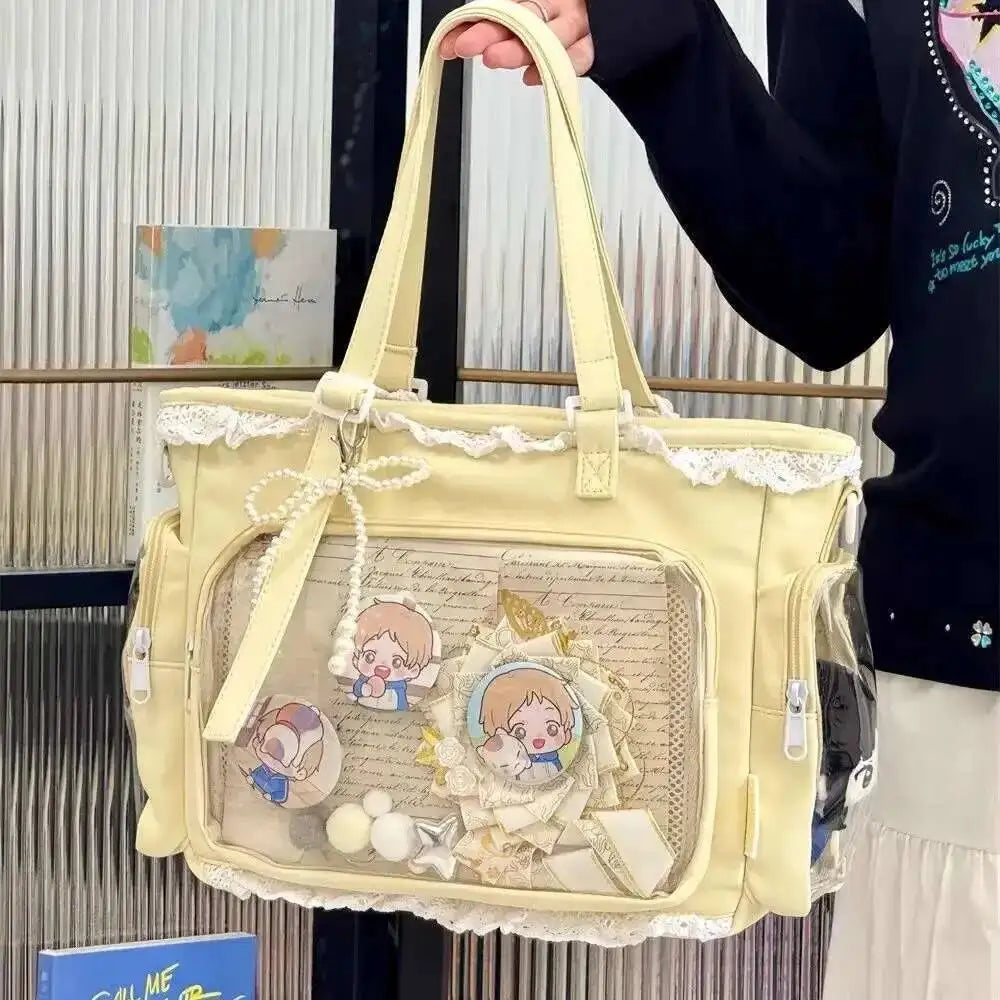 Japanese Sweet Women Ribbon Ita Bag Cute Lolita Girl Transparent Handbags Large Capacity Tote