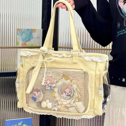 Japanese Sweet Women Ribbon Ita Bag Cute Lolita Girl Transparent Handbags Large Capacity Tote