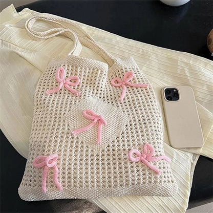 Crochet Tote Bag with Bow Accents – Preppy Knit Shoulder Bag