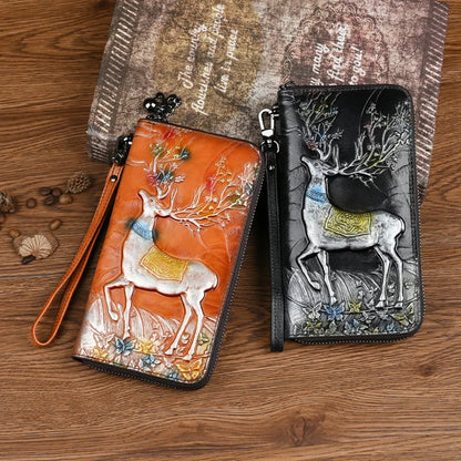 Top Layer Cowhide Coin Purse Deer-Head Embossed Multi-Position