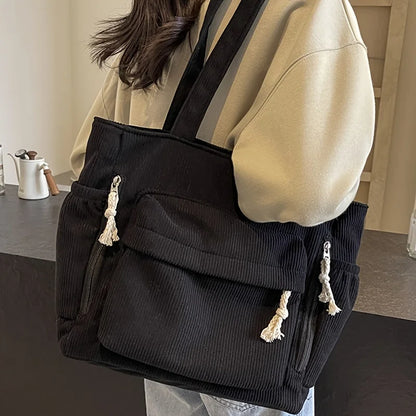 Corduroy Tote Bag with Multi Pockets & Tassel Zippers
