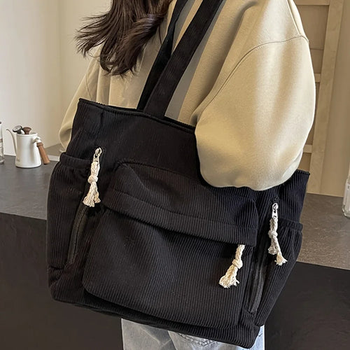 Corduroy Tote Bag with Multi Pockets & Tassel Zippers