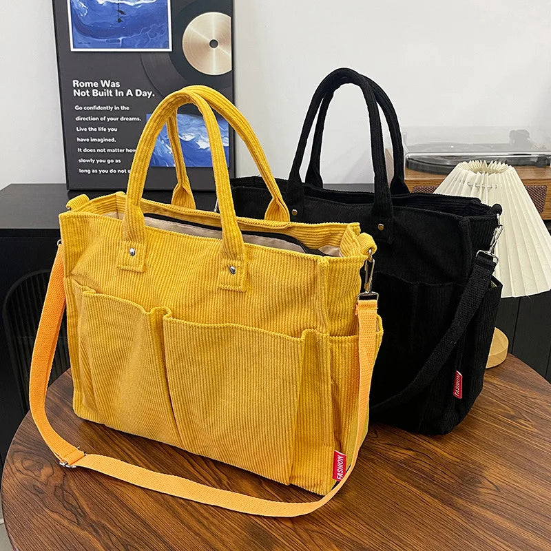 Corduroy Tote Bag – Large Shoulder Bag with Multi-Pocket