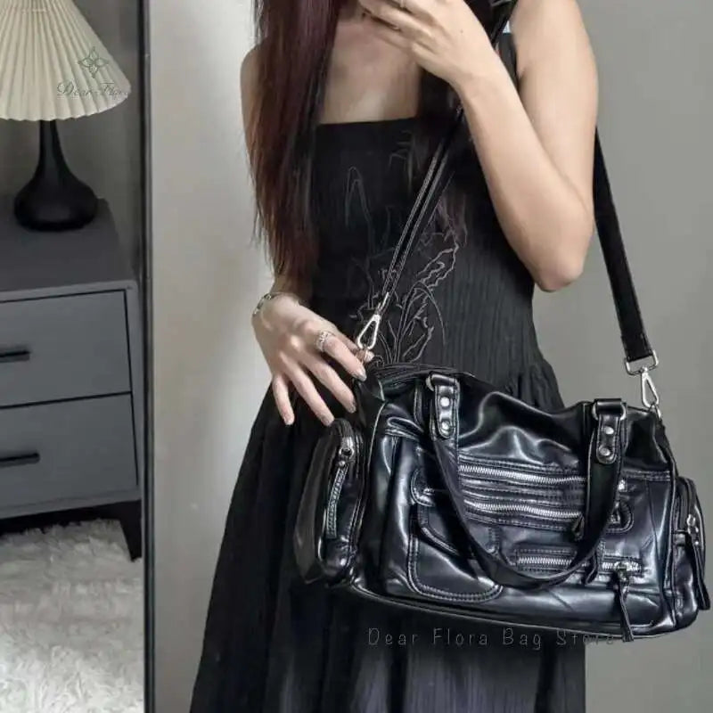 Y2K Gothic Crossbody Bag – Women's Black PU Leather Shoulder Bag