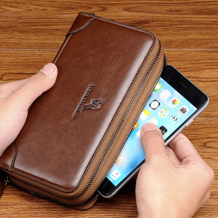 Men S Clutch Double Zippers Large Capacity Mobile Phone Storage