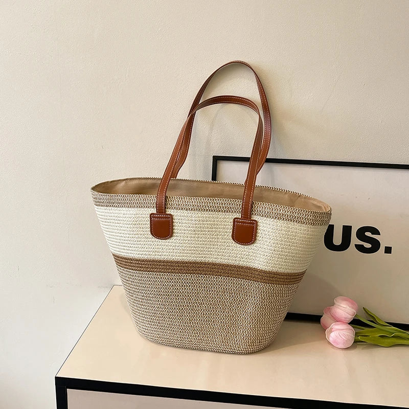 Vacation Beach Handbag Woven Stripe Pattern Women Tote Bag Large Capacity Versatile Shoulder Summer