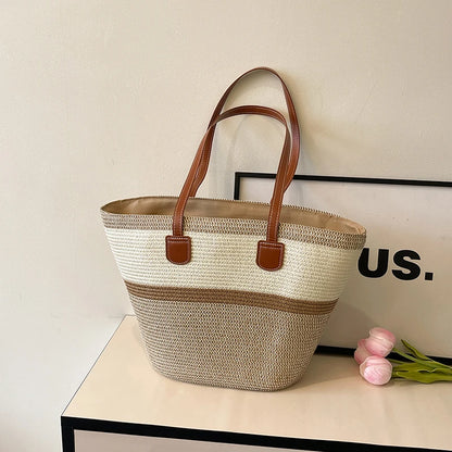 Vacation Beach Handbag Woven Stripe Pattern Women Tote Bag Large Capacity Versatile Shoulder Summer