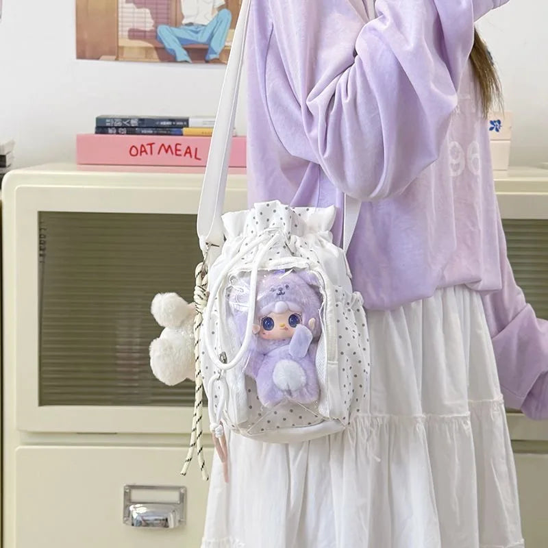 Cute Polka Dot Ita Shoulder Bag with Clear Window & Drawstring