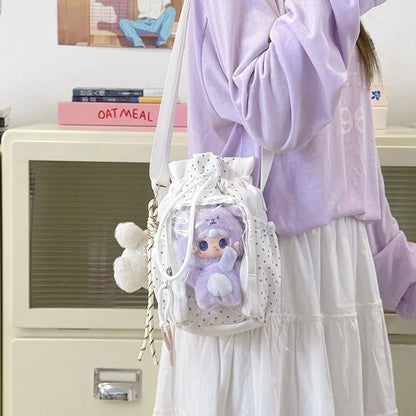 Cute Polka Dot Ita Shoulder Bag with Clear Window & Drawstring