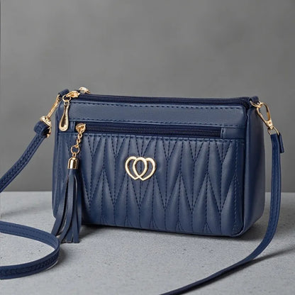 Quilted Crossbody Bag Double Heart Tassel Pendant Multi Zipper Pockets Shoulder Purse Adjustable