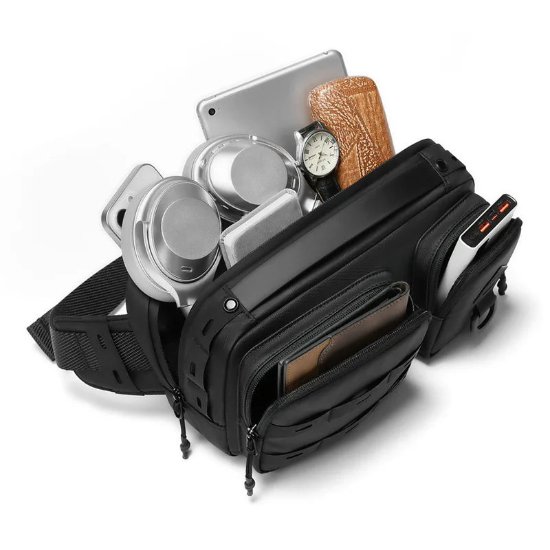 Men S Waterproof Leather Film Single-Shoulder Backpack Tactical Chest Bag Crossbody Lightweight