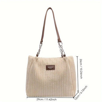 Corduroy Shoulder Tote Bag with Chain Accent