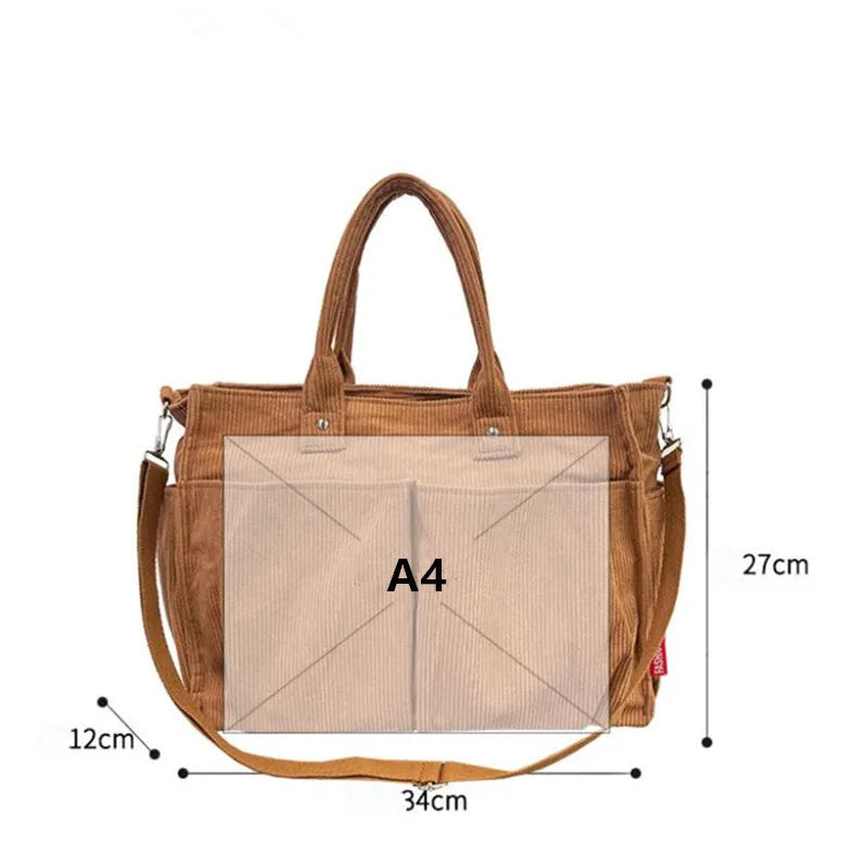 Corduroy Tote Bag – Large Shoulder Bag with Multi-Pocket