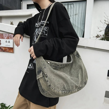 Denim Crossbody Bag for Women – Vintage Washed Wide Strap Shoulder Tote