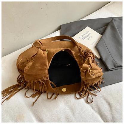 Vintage Suede Tassel Crossbody Bag – Large Capacity Shoulder Hobo Bag for Women