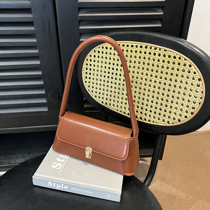 Spring Trendy Basics Underarm Bag Solid Color Pu Shoulder Metal Flap Handbag Commute Shopping