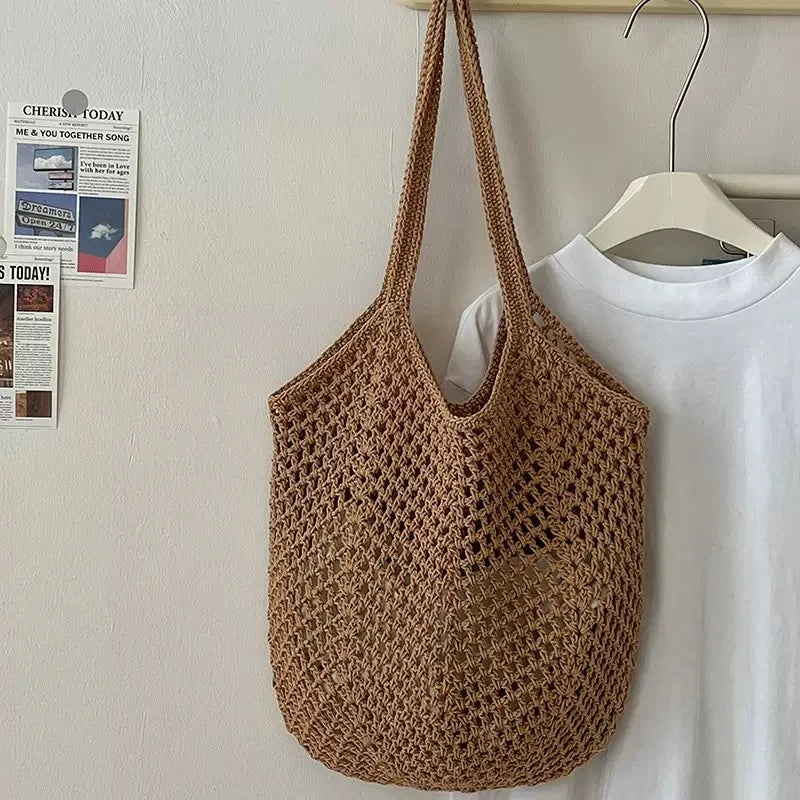 Summer Beach Tote Shoulder Bag Straw Weav Handbag Large Capacity Vacation Weaving Hollow Bags Women
