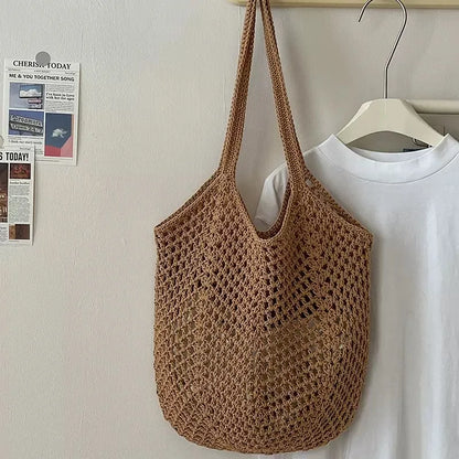 Summer Beach Tote Shoulder Bag Straw Weav Handbag Large Capacity Vacation Weaving Hollow Bags Women