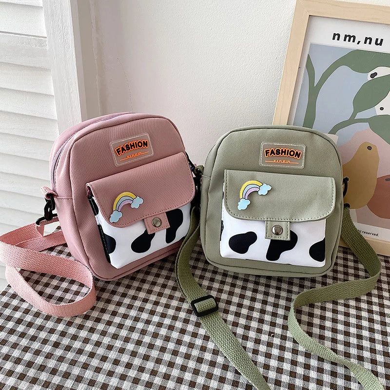 Stylish Cow Print Minimalist Crossbody Bag Lightweight Casual Shoulder Purse Rainbow Pin Students
