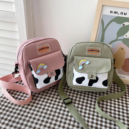 Stylish Cow Print Minimalist Crossbody Bag Lightweight Casual Shoulder Purse Rainbow Pin Students