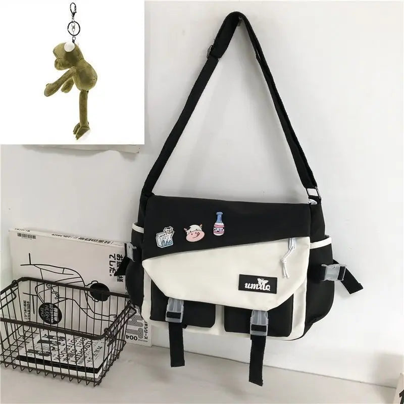 Harajuku Nylon Messenger Bag with Cute Badge Pins – Large Capacity