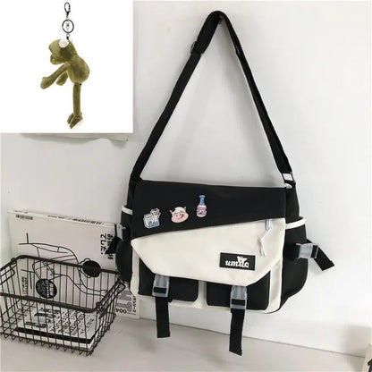 Harajuku Nylon Messenger Bag with Cute Badge Pins – Large Capacity