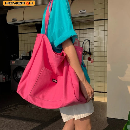 Homefish Canvas Tote Bag Women Simple Reusable Shopping Shoulder Handbag Daily Casual Use