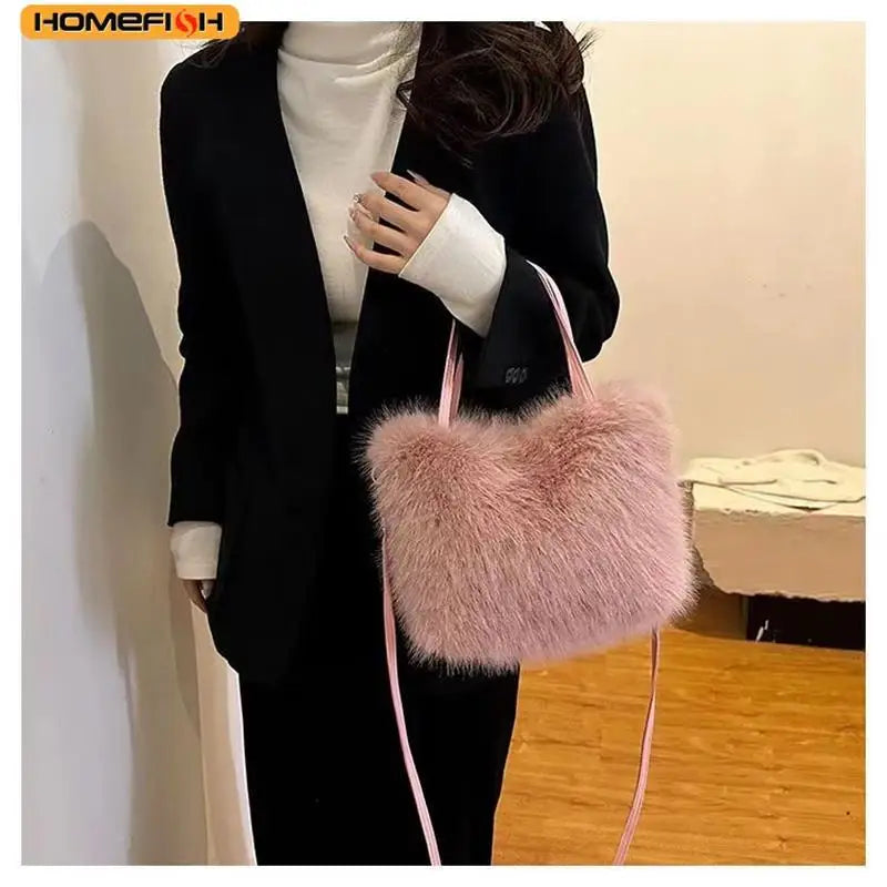 Homefish Faux Fur Tote Bag Women S Bucket Plush Luxury Design Ladies Handbags Soft Winter Crossbody