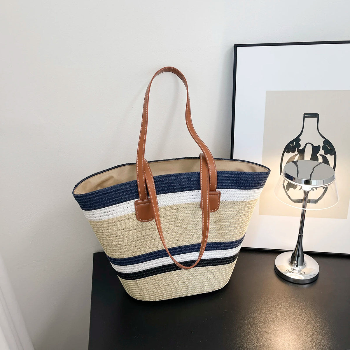 Vacation Beach Women Handbag Vibrant Color Stripe Tote Bag Woven Straw Large Capacity Shoulder