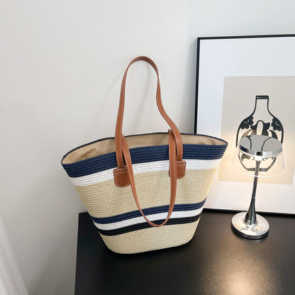 Vacation Beach Women Handbag Vibrant Color Stripe Tote Bag Woven Straw Large Capacity Shoulder