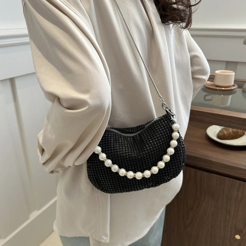 Glitter Silver Clutch Pearl Women Handbag Detachable Chain Crossbody Bags Wedding Prom Party Formal