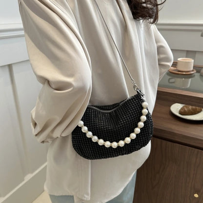 Glitter Silver Clutch Pearl Women Handbag Detachable Chain Crossbody Bags Wedding Prom Party Formal