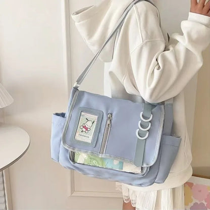 Clear Patch Canvas Messenger Bag – Multi-Pocket Crossbody