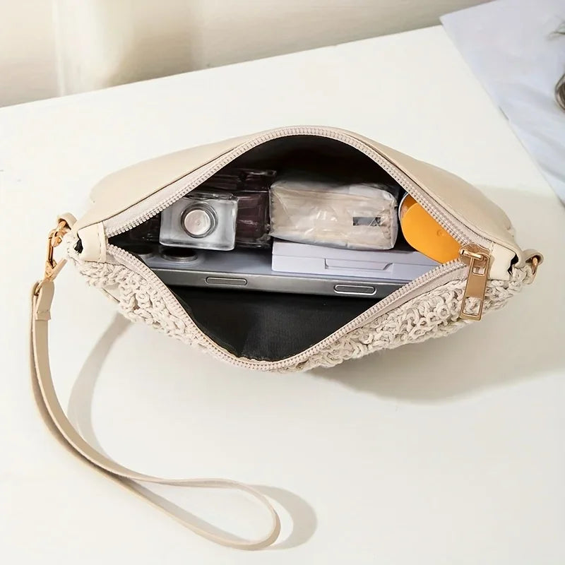 Crochet Bag with Hollowed Out Floral Design – Woven Straw Crossbody with Adjustable Strap