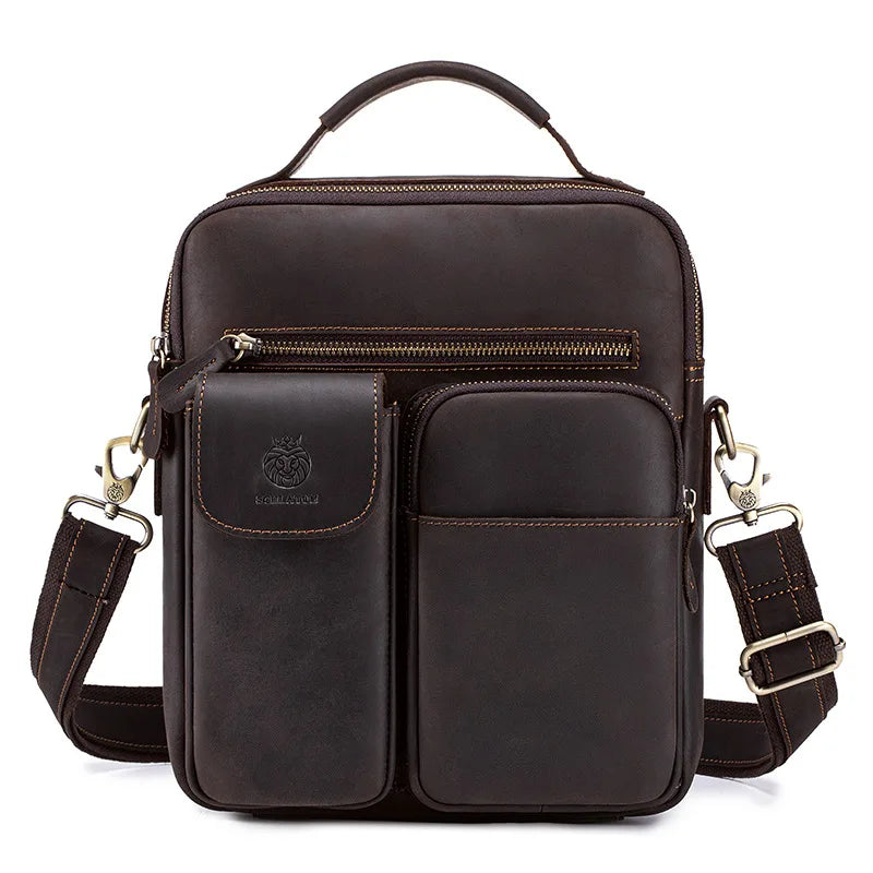 Crazy Horse Leather Men S Single-Shoulder Bag Genuine Leather Multi-Pocket Crossbody Top Layer