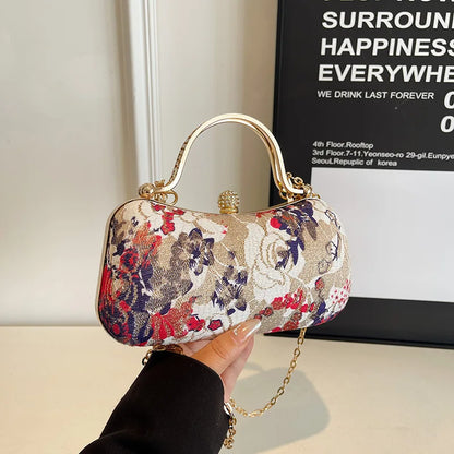 Floral Tapestry Box Clutch Bag with Gold-Tone Hardware & Detachable Chain