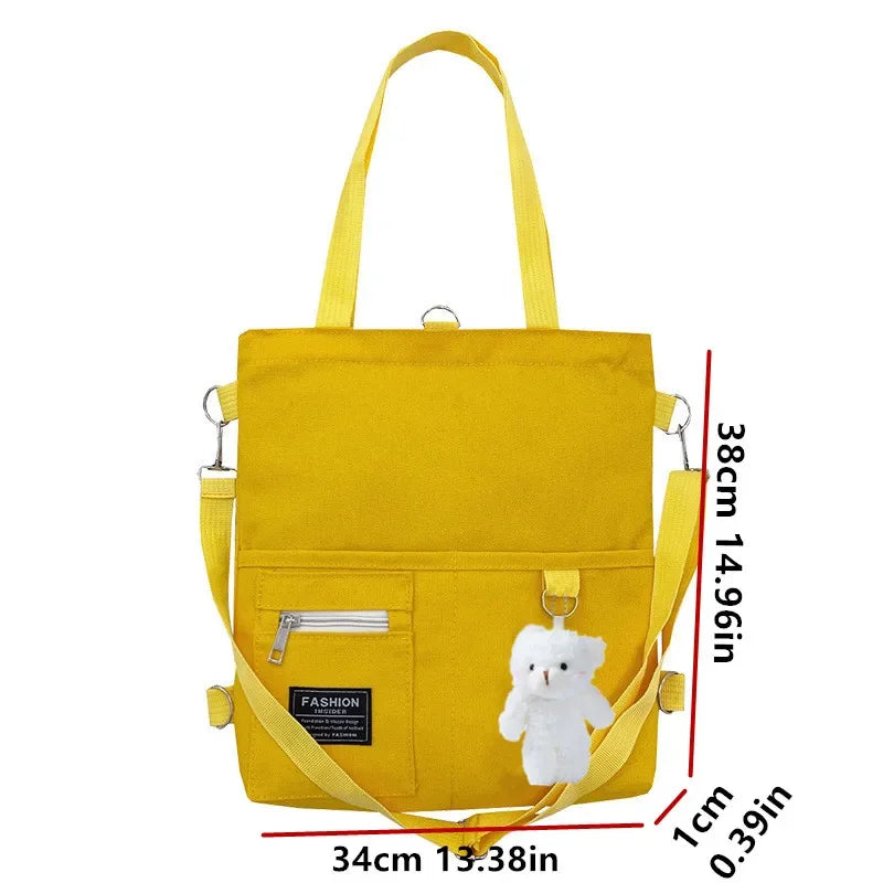 Cute Canvas Tote Bag Bear Pendant Stylish Bucket Crossbody Bag