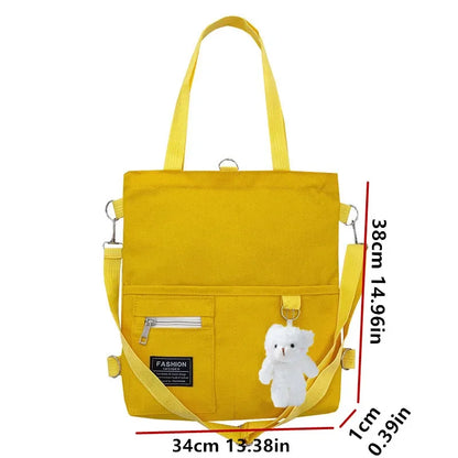 Cute Canvas Tote Bag Bear Pendant Stylish Bucket Crossbody Bag