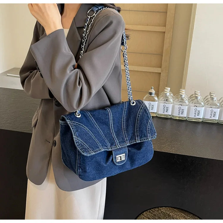 Denim Buckle Women S Large-Capacity Casual Crossbody Bag Student Commuting Tote Bag