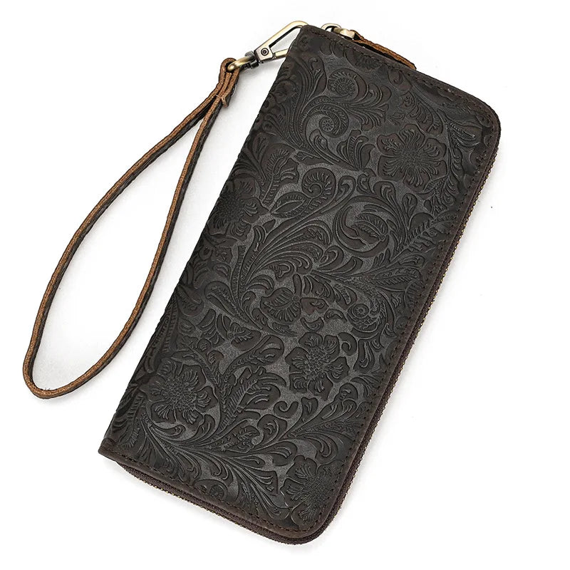 Crazy Horse Leather Long Wallet Retro Embossed Zipper Handbag Multi-Card Mobile Phone Change Storage