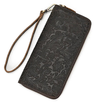 Crazy Horse Leather Long Wallet Retro Embossed Zipper Handbag Multi-Card Mobile Phone Change Storage