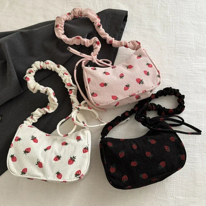Corduroy Sweet Strawberry Crossbody Bag Cute Small Underarm Trendy Zipper Handbag Mini Shoulder Bags