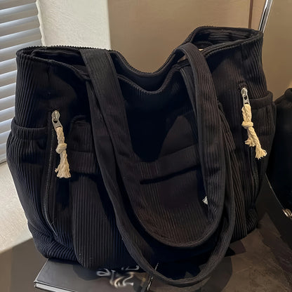 Corduroy Travel Tote Bag with Multiple Pockets - Shoulder Handbag