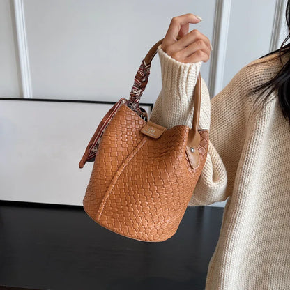 Stylish Women Bucket Tote Bag Solid Color Woven Effect Handbag Shoulder Crossbody Bag